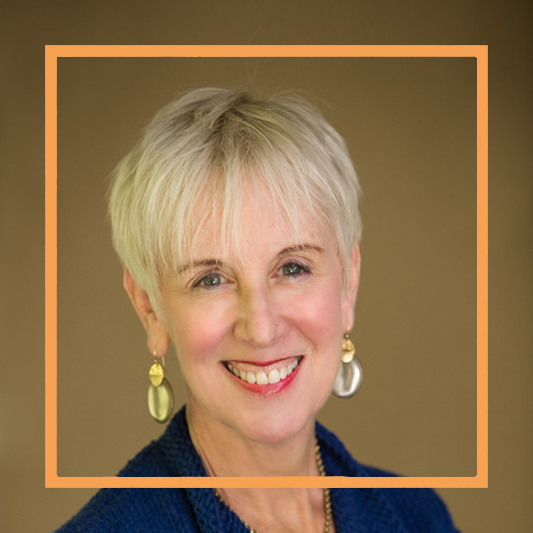 Rosalind, a white woman in her 60s with short blonde hair, smiles at the camera. There is an orange box superimposed over the photo.