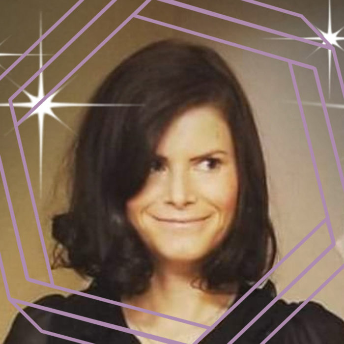 Tina, a white woman with shoulder length brown hair, smiles and looks off camera. There is a stylized purple hexagon framing the photo.