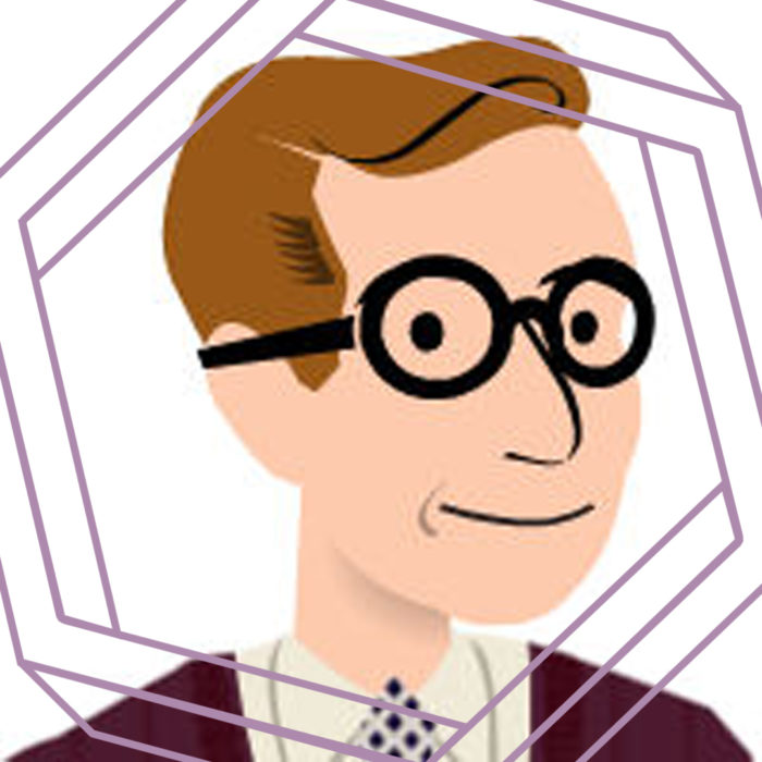 Simple cartoon-style graphic of a white man with short brown hair and round black glasses. There is a stylized purple hexagon framing the graphic.