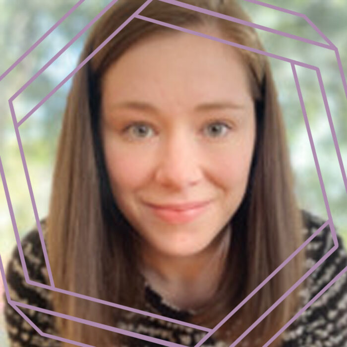 Allie, a white woman in her 20s with long brown hair, smiles at the camera. There is a stylized purple hexagon framing the photo.